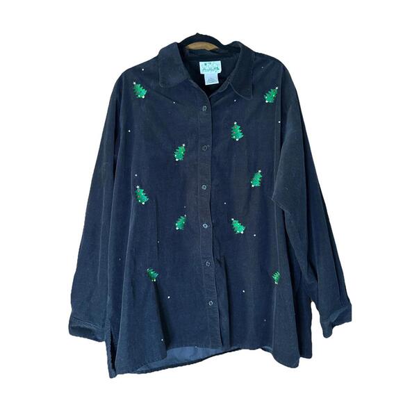 The Quaker Factory Corduroy Button downShirt Embroidered Christmas Tree Black 2X - Picture 1 of 9